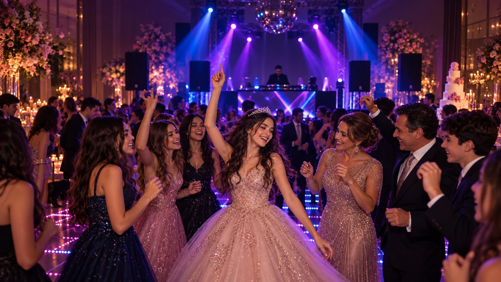 Debutante dançando com familiares e amigos em uma festa de 15 anos