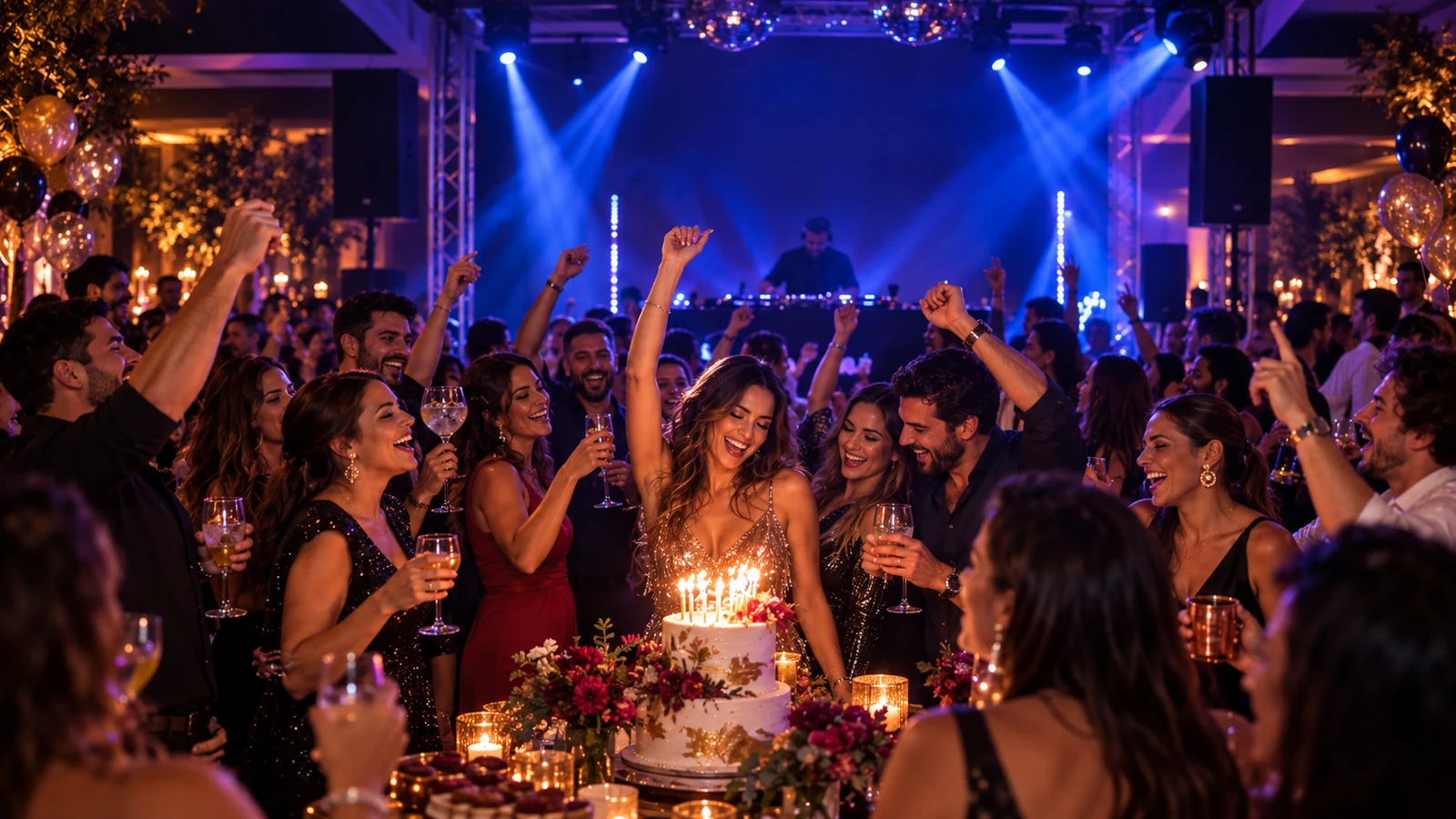 Aniversariante celebrando com amigos em uma festa com DJ e iluminação