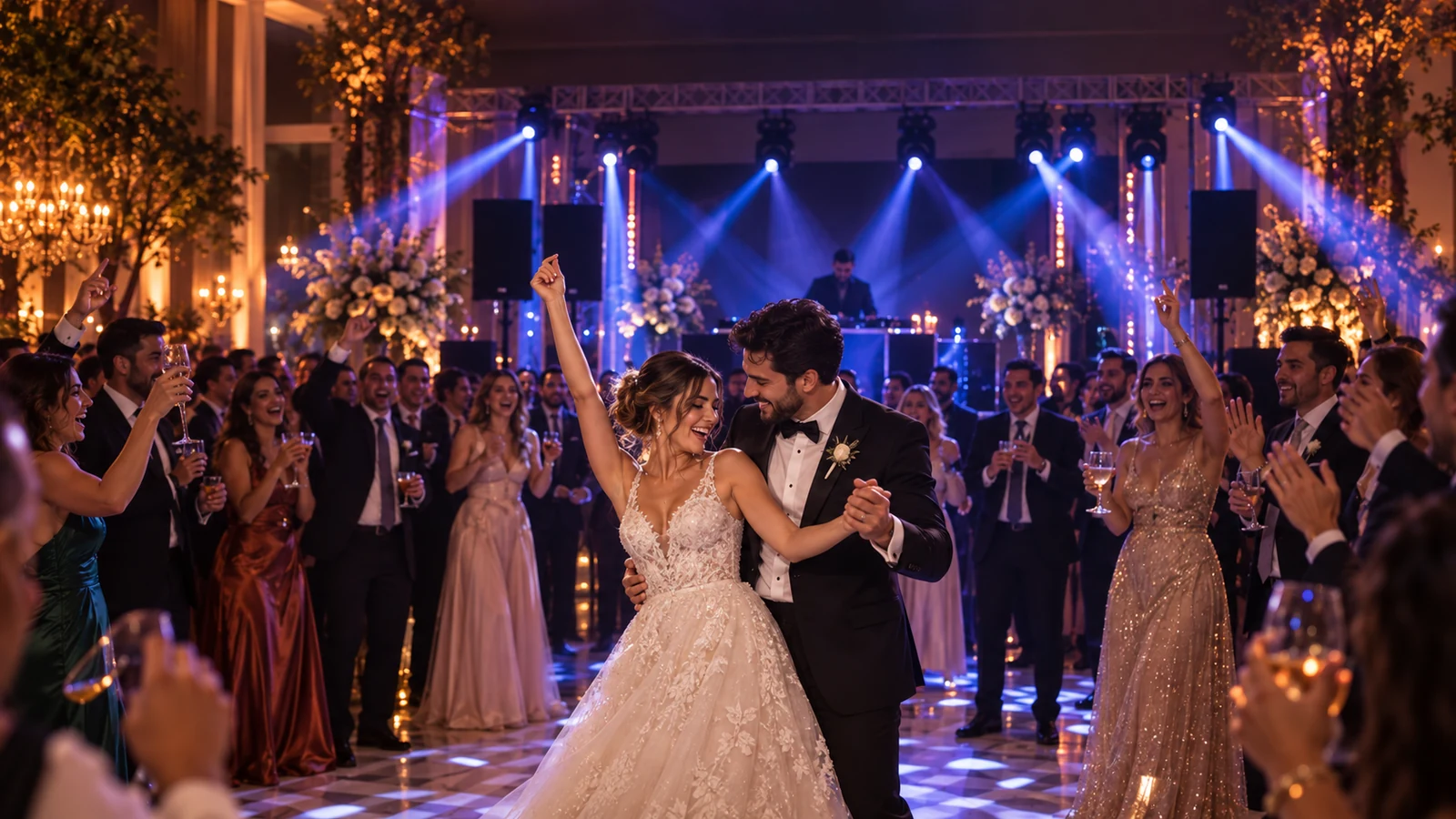 Noivos dançando em uma recepção de casamento com DJ, som e iluminação