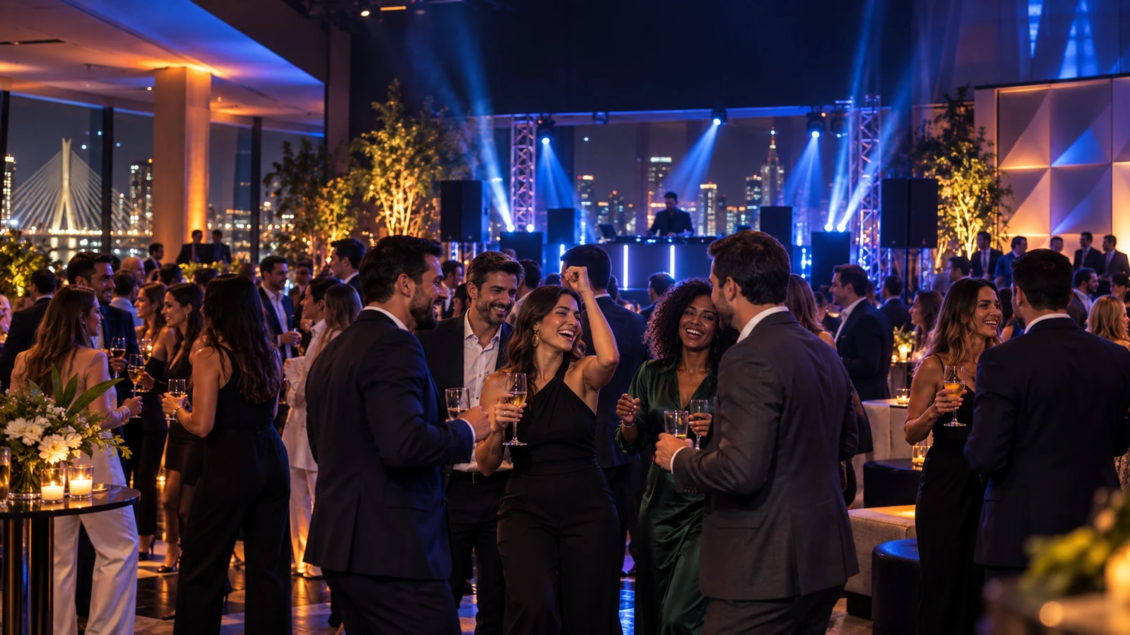 Profissionais celebrando em evento corporativo com DJ, som e iluminação