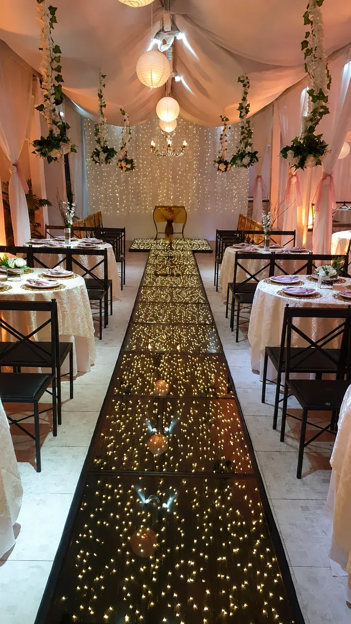 Passarela de LED em casamento intimista. Pista infinita usada como passarela central em decoração acolhedora com flores, tecidos e luz quente.