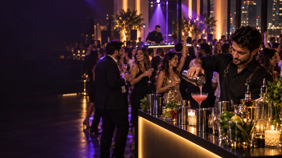 Bartender prepara um coquetel com DJ e convidados ao fundo